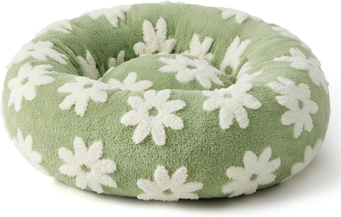 Lesure Round Cat Bed, Donut Small Dog Bed with Jacquard Shaggy Plush & Anti-Slip Bottom - Green 20 Inch