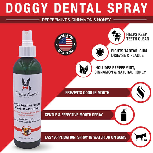 Warren London Doggy Dental Spray & Water Additive, Fresh Breath for Dogs & Cats, Natural Peppermint & Honey Formula - 8