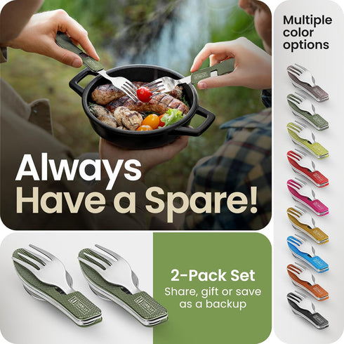 Orblue 4-in-1 Camping Eating Utensils, 2-Pack - Portable Spoon, Fork, Knife & Bottle Opener Combo Set - Stainless Steel