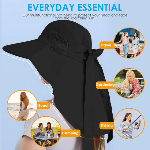 Women's Sun Hat UV Protection, Foldable Waterproof Wide Brim Bucket Hat with Neck Flap
