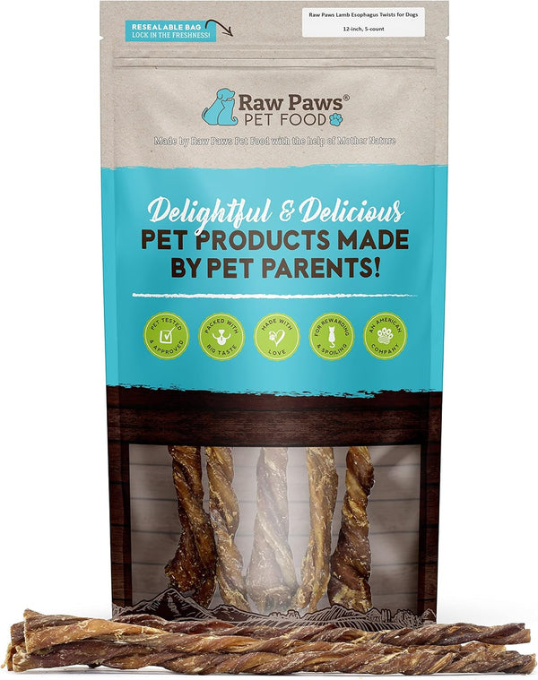 Raw Paws Lamb Esophagus Twists for Dogs, 12 Inch, 5-ct, Natural Dog Lamb Treats from Free-Range Sheep