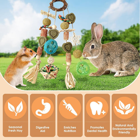 Chinchillas, Rabbit Toys for Bunny Boredom, Hanging Rodent Dental Toy with Papaya Stems Sweet Bamboo Hamsters, Guinea