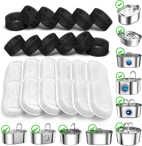 24 (12 12 108oz/3.2L SOOFPET Cat Water Fountain Filters, Pieces Carbon + Sponge), Replacement for Stainless Steel