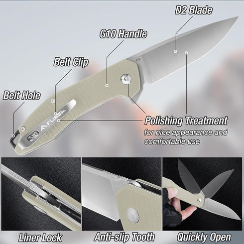 FLISSA Pocket Knife - Folding Tactical Knife with G10 Handle, D2 Blade, Liner Lock, and Pocket Clip for Outdoor Use