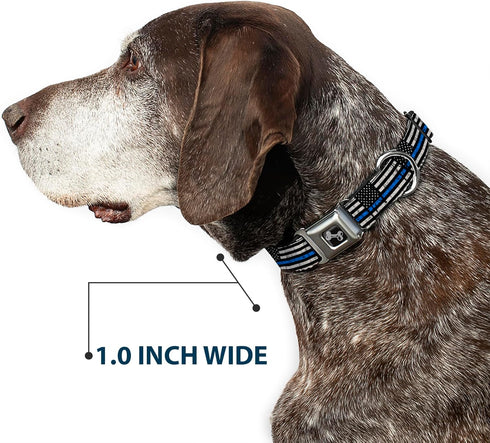 Dog Collar Seatbelt Buckle - Thin Blue Line Flag Weathered Black Gray Blue, 11 to 17 Inches, 1.0 Inch Wide