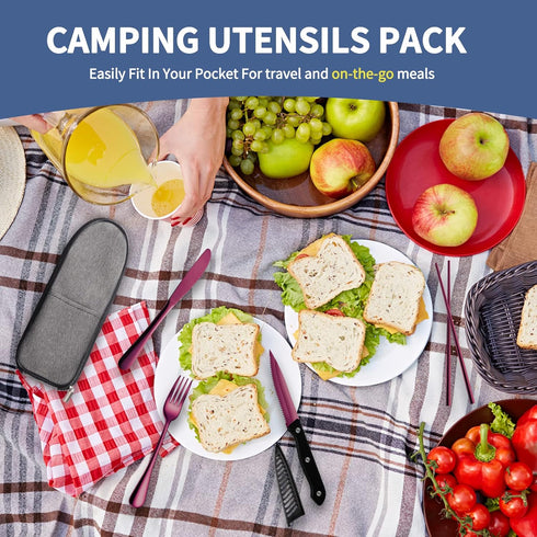 Portable Travel Utensils Set, Reusable Stainless Steel Flatware with Case for Camping, School, and Picnic