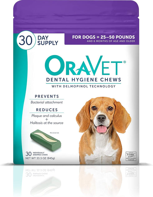 ORAVET Dental Chews for Medium Dogs (25-50 lbs.), Oral Care and Hygiene Chews, Purple Pouch, 30 Count