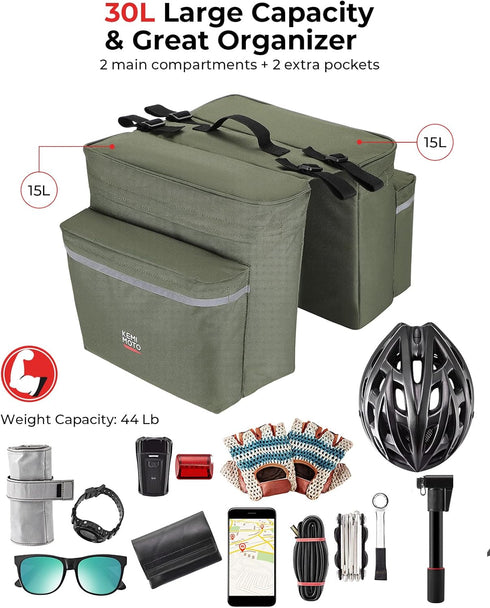 KEMIMOTO Portable Bike Pannier Bag, 30L Water Resistant Bicycle Trunk Bag with Reflective Trim
