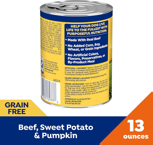 13 oz. (Pack 12) Natures Recipe Grain Free Wet Dog Food Beef, Sweet Potato, and Pumpkin Recipe, Can