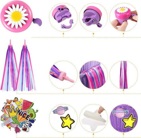 Kid's Bicycle Basket Streamers Set, Wicker Handlebar Basket with Colorful Streamers, Bell, Stickers