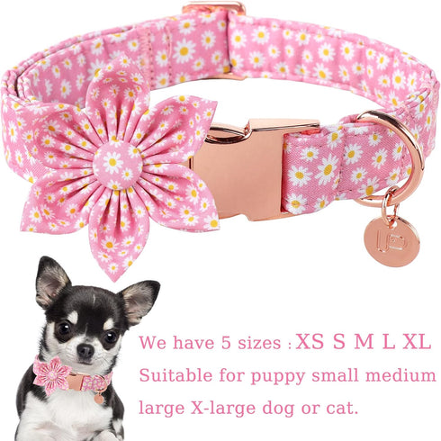 Summer Dog Collar with Flower, Cotton Cute Pink Flower Collar for XL Boy Girl Dog, Comfortable with Metal Buckle
