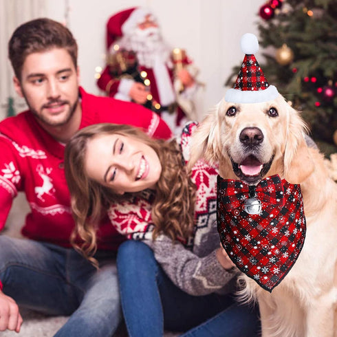 STMK Christmas Snowflake Dog Bandana Costume, Classic Plaid Scarf Hat Bow Tie with Bell Decoration for Pets