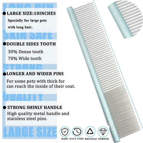 10in Large Dog Grooming Comb for Shedding and Matted Hair, Metal Comb for Large Dogs, Reduces Tangles and Knots