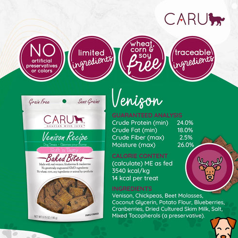 CARU Soft 'n Tasty Baked Bites - Venison Bites Dog Treats, Flavorful Training Treats, 3.75 oz