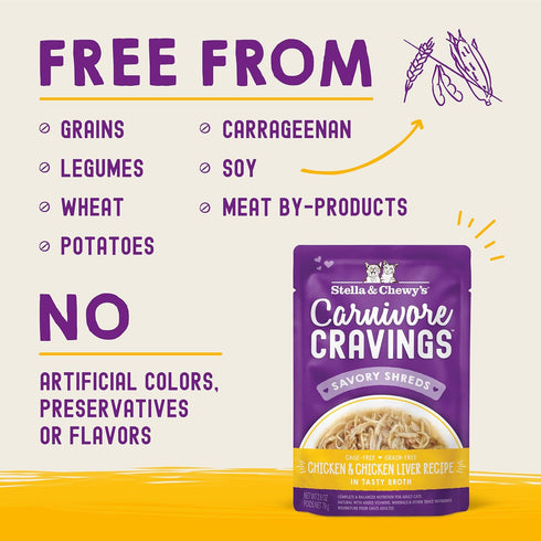 (2.8 oz, 12 Pack) Stella & Chewy's Carnivore Cravings Wet Cat Food - Premium Pouches - Grain Free, High Protein Chicken