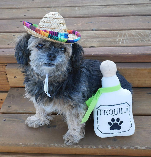 4 Pack Fiesta Dog Chew Toys and Sombrero - Mexican Squeak Plush Toys for Chihuahuas - Taco, Tequila, Hot Sauce