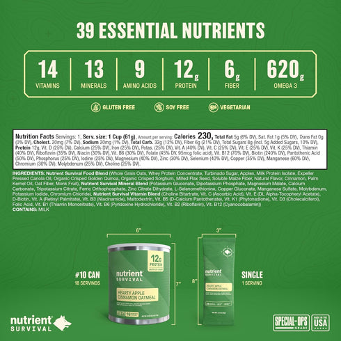 40 25 18 High Protein Oatmeal Instant, Hearty Apple Cinnamon, Freeze Dried Prepper Supplies & Emergency Food Supply
