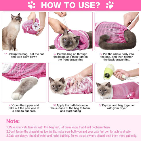 Cat Shower Net Bag Grooming Bathing, Adjustable Washing Bag for Cat Restraint Accessories Prevent Biting Scratching