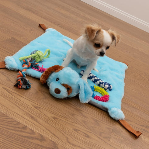 Puppy Play Mat with Toys for Small Breeds, Blue 23”x20” Interactive Sleeping Pad
