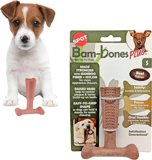 SPOT Bam-Bones Plus T Bone Dog Chew, Bamboo Fiber & Nylon, Durable for Aggressive Chewers, 4in, Beef Flavor