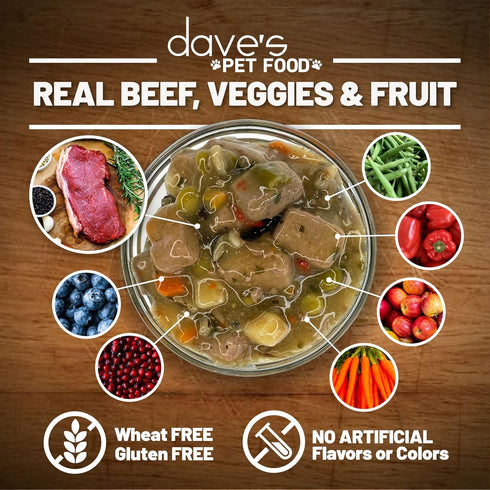 13.2 oz (12 Pack) Dave's Pet Food Stewlicious Soft Dog Food Wet (Meaty Beef Stew), Made in USA Canned Topper, Gluten