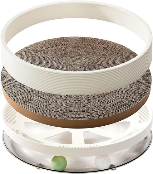 Qualunicc 3-in-1 2 Cat Scratcher Toy with Track Ball, Round Cardboard Cat Scratcher Lounge & Bed, Interactive Cat Toy