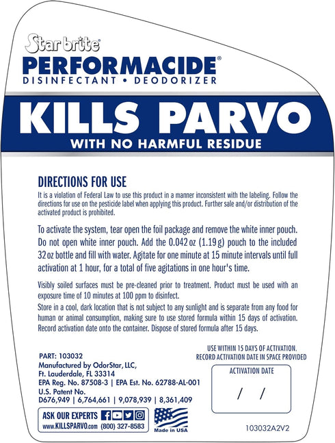 32 OZ PERFORMACIDE No-Rinse Disinfectant / Deodorizer for Pet Surfaces | Kills Parvovirus, Ringworm, Feline