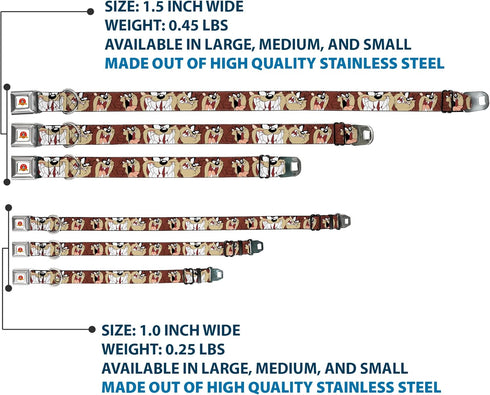 Dog Collar Seatbelt Buckle, Tasmanian Devil Expressions, Brown, 18 to 32 Inches, 1.5 Inch Wide