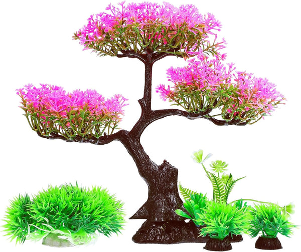 VICASKY Aquarium Artificial Decoration Set - Pink Cherry Blossom Tree & Grass Decor for Goldfish Tank