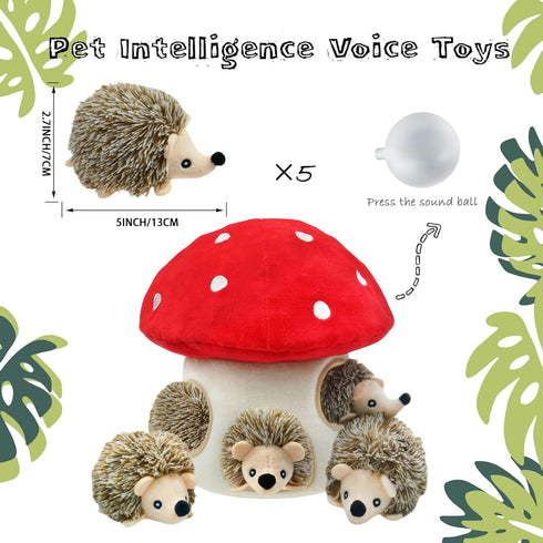 5 Pack Hide and Seek Dog Toys, Mushroom Crinkle Paper Hideaway with Squeaky Hedgehogs Interactive Plush Puzzle Puppy