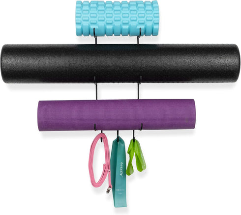 Wallniture Guru Wall Mount Yoga Mat Rack - Foam Roller and Towel Rack with 3 Hooks for Yoga Strap