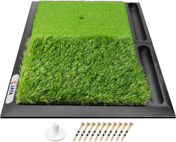 Jaya Golf Hitting Practice Mat, Two Options (Heavy Rubber Base Dual-Turf Mat with Ball Tray, Tri-Turf Mat with Practice