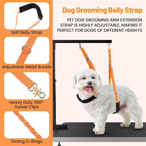 Dog Grooming Belly Strap - Table Arm Extender with Clamp for Bathing Restraint Leash (Small & Medium Dogs, Orange)