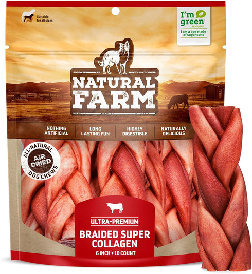 Natural Farm Odor-Free Super Braided Dog Chews (6-Inch, 10-Pack) - 100% Natural Angus Hide Collagen Treats
