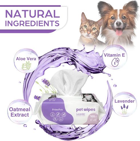 PrimePets Dog Wipes for Paws and Butt - 100 Count, 8" x 8" Lavender Scented Extra Thick Wipes for Sensitive Skin