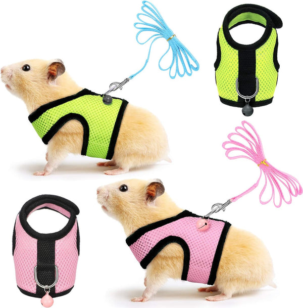 SATINIOR 2 Pieces Soft Mesh Harness Leash Vest Set with Bell for Guinea Pig, Ferret, Hamster, Rabbit (Green, Pink, S)