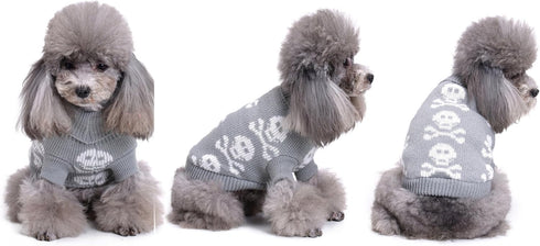 Skull Dog Sweater, Holiday Halloween Christmas Pet Clothes, Soft Comfortable, Grey