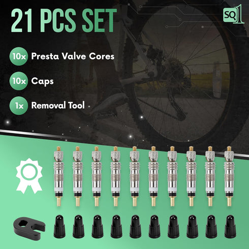 Square1 Presta Valve Core Kit, 10 Universally Compatible Presta Valve Cores, 1 Removal Tool & 10 Caps for Tubeless Bike
