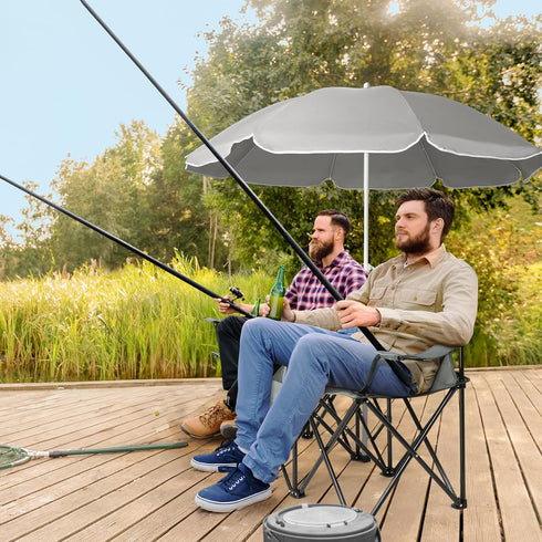 BIVVI 180lbs,Grey Double Camping Chair with Umbrella,Portable Folding Chair w/ Cup Holders,Cooler Bag,Pocket & Carry