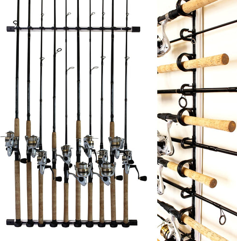 Rush Creek Creations Fishing Rod Holder for 10 Rods - Vertical/Horizontal Rack for Garage Organization