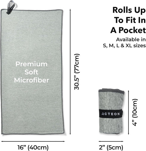 5 Pack, 16x30.5 Inch Acteon Microfiber Gym Towels Quick Dry Silver ION Odor-Free Sweat Towel, Super Absorbent Fast