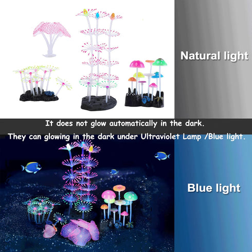 Lpraer 4 Pack Glow Aquarium Decorations, Coral Reef Glowing Mushroom Anemone Simulation Glow Plant for Fish Tank