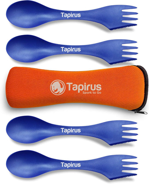 Tapirus 4 Blue Spork to Go Set, Durable BPA Free Spoon, Fork, Knife Combo Utensils for Camping in Carrying Case
