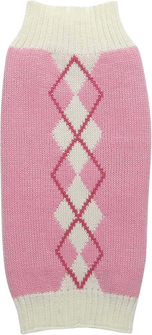 Pink Argyle Knit Dog Sweater for Girls, Pet Clothes for Dog Coat Sweatshirt, Large (L) Girth 18-20"