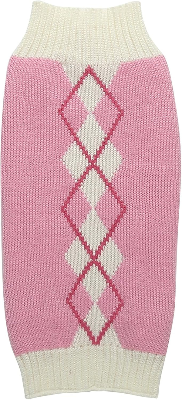 Pink Argyle Knit Dog Sweater for Girls, Pet Clothes for Dog Coat Sweatshirt, Large (L) Girth 18-20"