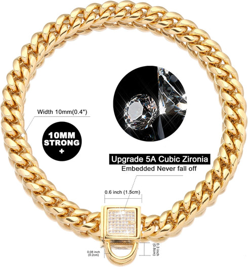 PRADOG Gold Chain Dog Collar, Stainless Steel Cuban Link Collar with Zirconia Buckle, Designer Bling Puppy Necklace