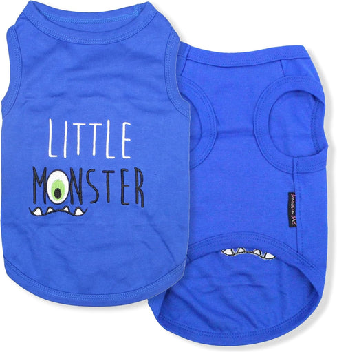 Parisian Pet Dog Tshirt, Sleeveless Blue “Little Monster” Boy Dogs Apparel, Lightweight Pure Cotton Shirts for Medium