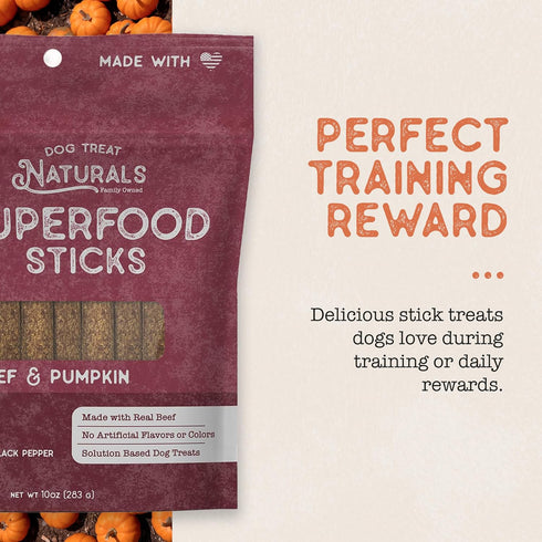 10oz Dog Treat Naturals Superfood Sticks, Beef & Pumpkin, Bag | Dog Chew Sticks | All-Natural, Pet Training Treats |