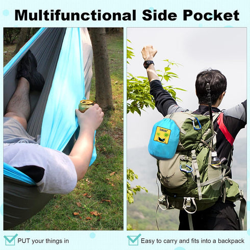 SZHLUX Camping Hammock, Double & Single Portable Hammocks with 2 Tree Straps and Carry Bag, Light Grey/Sky Blue