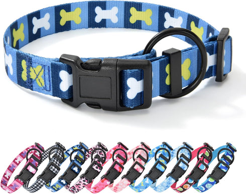 Mile High Life Dog Collar, Lightweight Nylon Puppy Collars with Cute Patterns for Small/Medium/Large Dogs (Blue Bone,